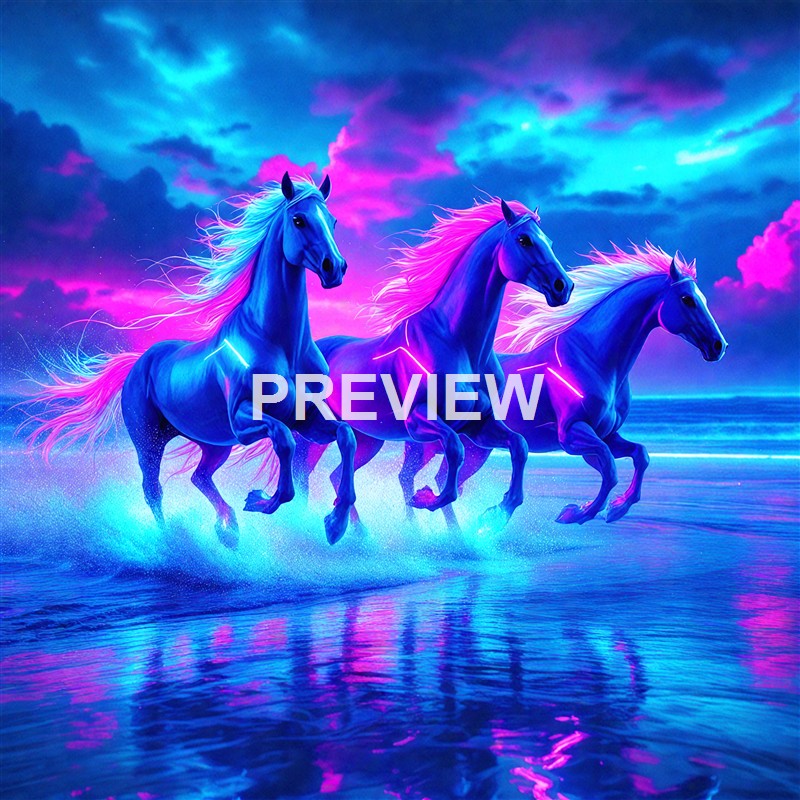 Three neon blue and pink horses with flowing manes run through a reflective body of water under a colorful, cloudy sky.